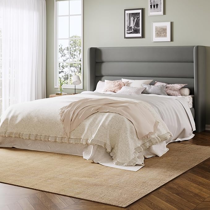 Allewie Full Size Platform Bed Frame with Velvet Upholstered Wingback Headboard, No Box Spring Needed, Under Bed Storage Space, Strong Wooden Slats, Modern Mattress Foundation, Easy Assembly, Grey