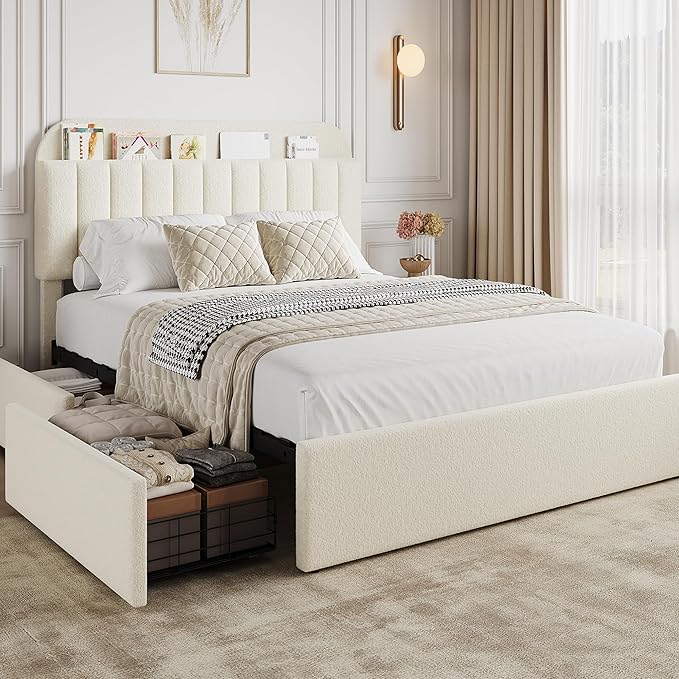 GarveeHome Queen Bed Frame with Storage Headboard, Girls Bed Frame with 2 Drawers, Boucle Upholstered Platform Bed with Bookcase, No Box Spring Needed, Easy Assembly, Ivory White