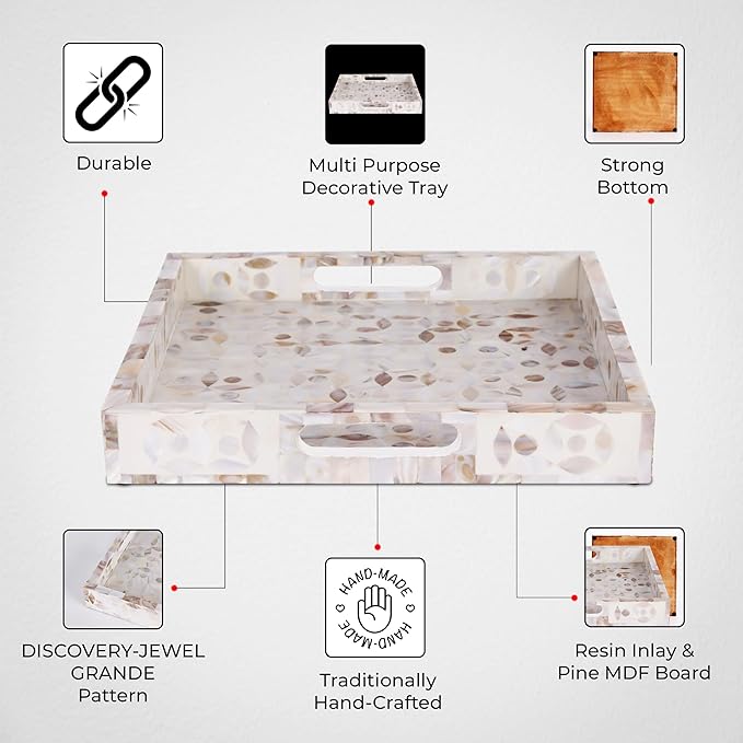 Handicrafts Home Handmade Discovery Pattern Inspired Decorative Tray - 12x12 Ottoman Tray, Multipurpose Mother of Pearl & Resin Inlay Centerpiece Tray for Living Room Dining Entertaining and Display