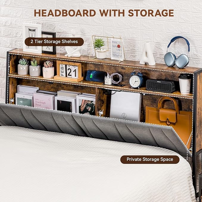 COMHOMA Queen Size Platform Bed Frame with LED Lights and Charging Station, Storage Headboard and Footboard Drawers, No Box Spring Needed, Rustic Wood Look