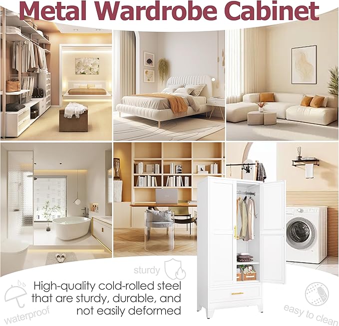 GAIOUS Steel Armoire Wardrobe Closet with 2 Doors, 71" Household Wardrobe Cabinet with Hanging Rod and Drawers, Metal Clothing Storage Cabinet with Adjustable Shelf for Bedroom, Cloak Room, Gym(White)