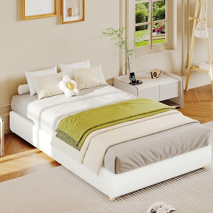 GarveeHome Twin Size Cloud Bed Frame，Corduroy Low Bed Frame Without Headboard, Thick Fabric Upholstered Platform Bed, Solid Wood Legs, No Box Spring Needed, Never Squeak, Easy Assembly, White