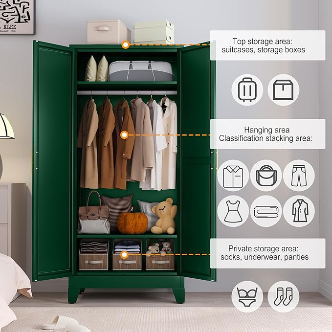RIETERN Metal Armoire Wardrobe Closet, 71" Tall Bedroom Closet with Mirror, Adjustable Shelves, and Hanging Rod, Steel Clothes Closets and Storage, for Bedroom Green
