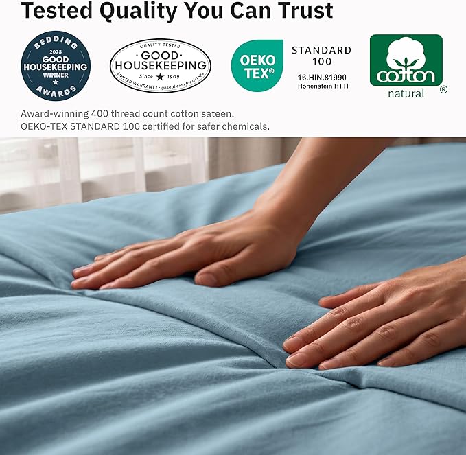 Duvet Cover Cotton Only - Premium 400 Thread Count, Natural 100% Cotton Twin Bed Duvet Cover, Soft Sateen Weave, Button Closure and Corner Ties - Sky Blue