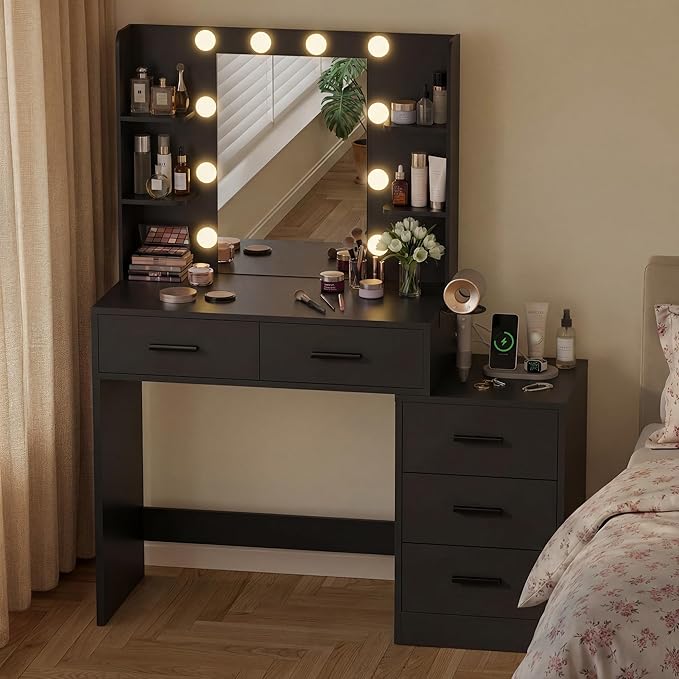 Furmax Makeup Vanity Desk with Mirror and Power Outlet, Vanity with 3 Color Light Options Adjustable Brightness, Vanity Table with 5 Drawers, 6 Storage Shelves, Nightstands (Black)