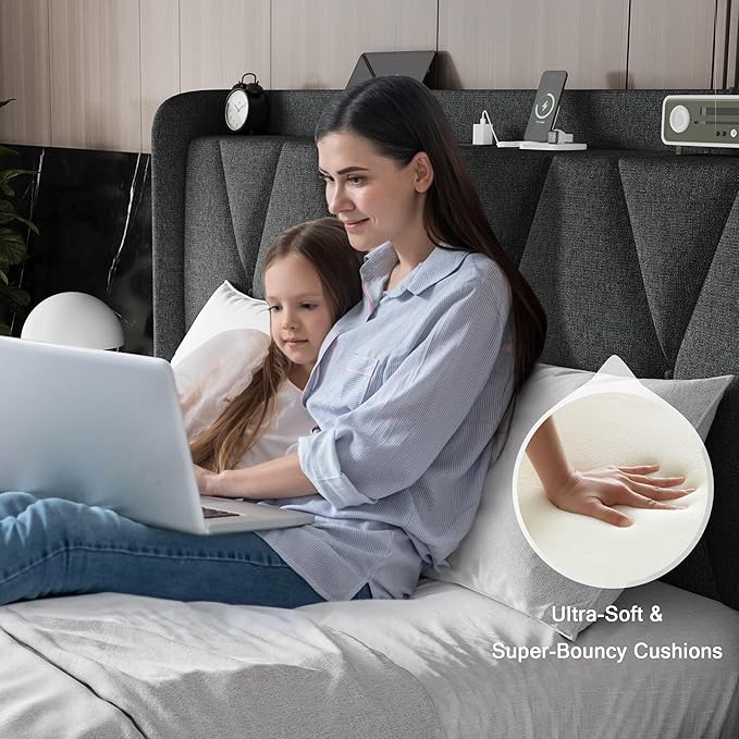 Einhomn King Size Bed Frame with 4 Storage Drawers and Charging Station, Upholstered Platform Bed Frame with Storage Headboard, No Box Spring Needed, Easy Assembly, Dark Grey