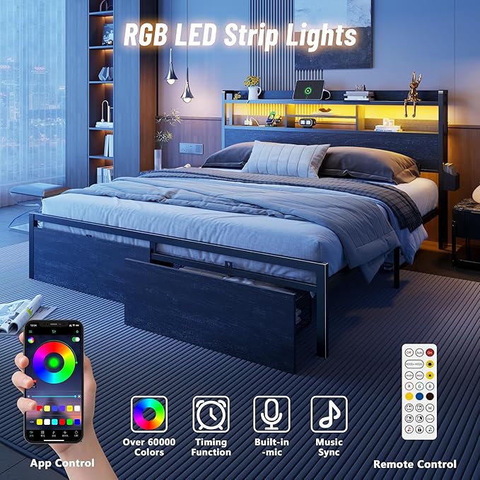 Furnulem King Bed Frame with Wood Headboard & Storage Drawers, Metal Platform Bed Frames King Size with LED Lights, Built in Charging Station, No Box Spring Needed, No Noise, Easy Assembly, Black