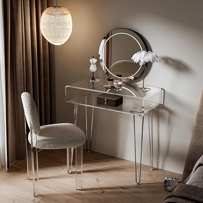 Eglaf Acrylic Vanity Desk - Small Makeup Vanity Table Dressing Table - 31.5'' L x 15.7'' W x 32.1'' H, Large Storage Space, for Bedroom, Dressing Room, Silver Metal Legs