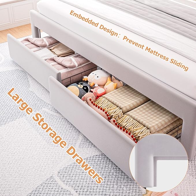 King Upholstered LED Bed Frame with 2 Storage Drawers and Adjustable Chic Double Wavy Headboard, Velvet Princess Platform Bed with Charing Station, Solid Wood Slats Support, No Box Spring Needed, Grey