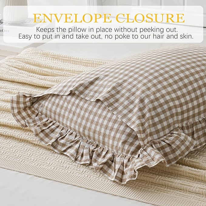 Taupe/White Plaid Euro Pillow Shams Ruffle Pillowcases Set of 2,Shabby Checkered Washed Cotton Pillow Covers-26 x26,Taupe/White Plaid