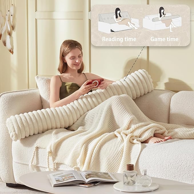 Headboard Pillow + A Long Neck Roll Pillow Body Pillow，Faux Fur Headboard Wedge Pillow with Removable Cover (Beige, Full：54x8x20 inches)