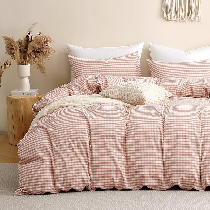 TOCOMOA Pink Tan Gingham Duvet Cover Bedding Set 100% Washed Cotton Like Linen Feel Super Soft Comfy 3 Piece Vintage Plaid Checkered Fall Comforter Cover Set (Full 80"x90", Comforter Not Included)