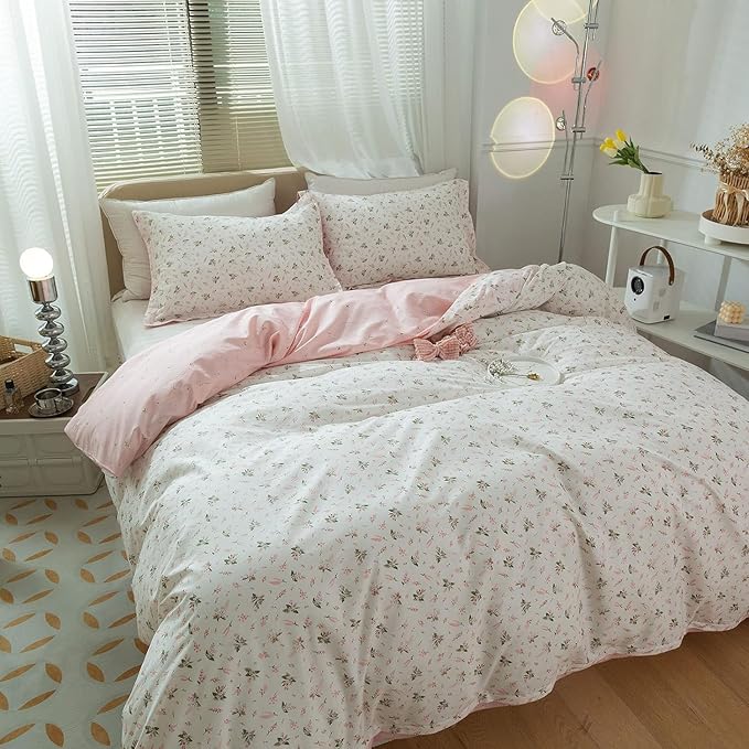 mixinni Garden Style White Floral Duvet Cover King Size 3 Pieces Set Flower Leaf Pattern Printed Soft Cotton Comforter Cover with 2 Pillowcases-King Size