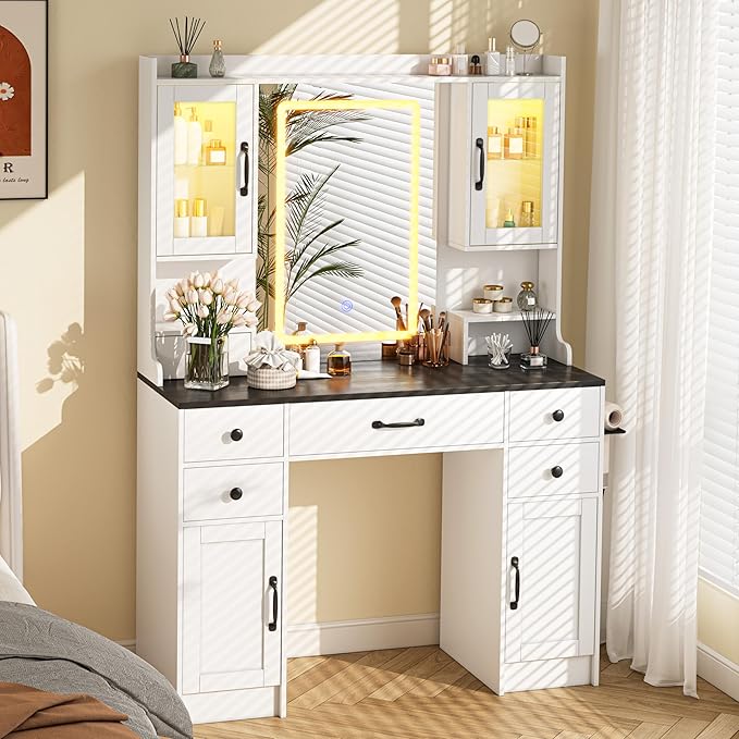 KAMABOKO Vanity Desk with LED Lights Mirror & Power Outlet, Makeup Vanity Table Set with 3 Lights Modes, Dressing Table for Women and Girls Bedroom (Modern Black, 5 Drawers with RGB Cabinet)