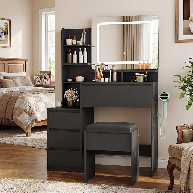 GarveeHome Makeup Vanity with Mirror and Lights, 36-Inch Vanity Desk, 4 Large Drawers Dresser, 3 Lighting Modes, Stool & Charging Station, Modern Vanity Table for Bedroom, Women,