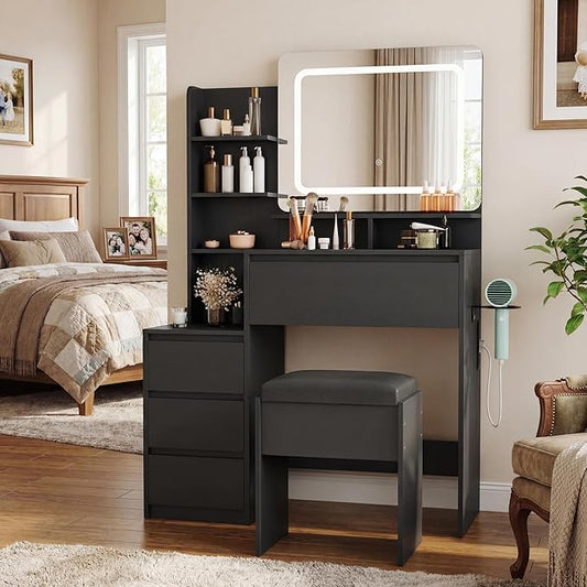 GarveeHome Makeup Vanity with Mirror and Lights, 36-Inch Vanity Desk, 4 Large Drawers Dresser, 3 Lighting Modes, Stool & Charging Station, Modern Vanity Table for Bedroom, Women,