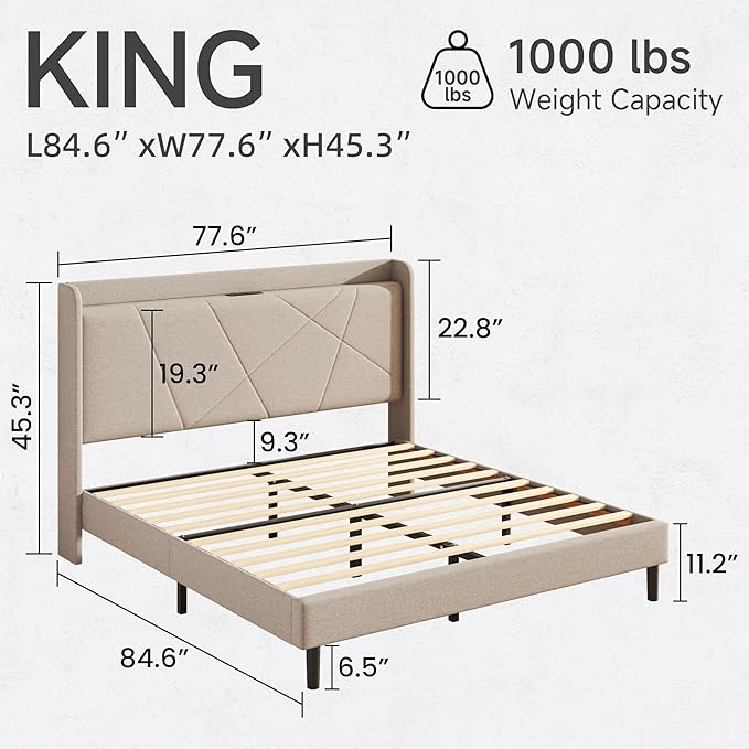 King Size Linen Bed Frame, Storage Headboard with Charging Station, Upholstered Platform Bed with Wooden Slats Support, Solid and Stable, Noise Free, No Box Spring Needed, Easy Assembly, Beige
