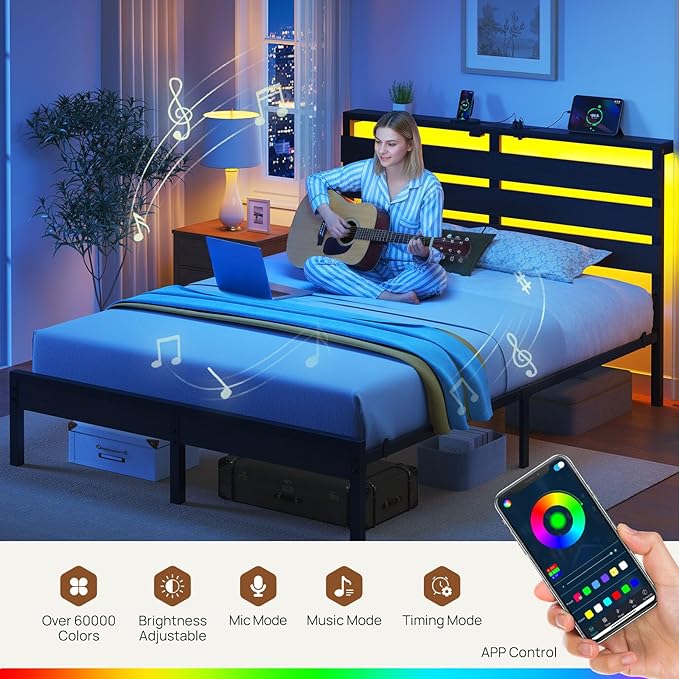 Rolanstar Full Size Bed Frame with USB Charging Station, LED Bed Frame with Wood Storage Headboard, Black Metal Platform Bed with Under Bed Storage, No Box Spring Needed, Noise Free