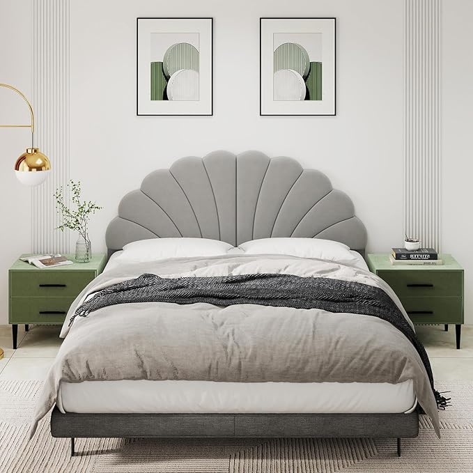 Befurtori Queen Size Headboard Only, Petal Wall Mount Headboard Queen/Full Size for Adjustable Bed Velvet Upholstered Head Board Easy Assembly, Gray
