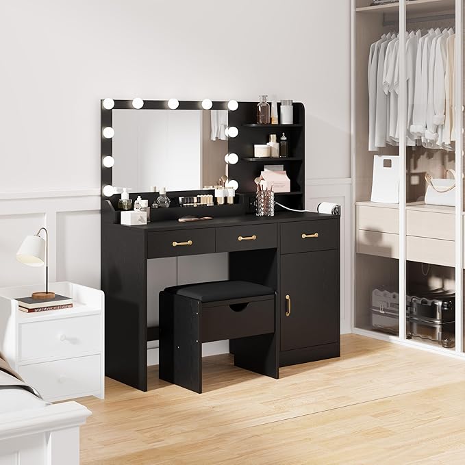 GarveeHome Vanity Desk with Mirror and Lights, Vanity Set with Upholstered Storage Stool, Makeup Vanity with Power Outlet & 11 LED Bulbs, Dressing Table with 3 Drawers & Storage Shelves, Pure Black