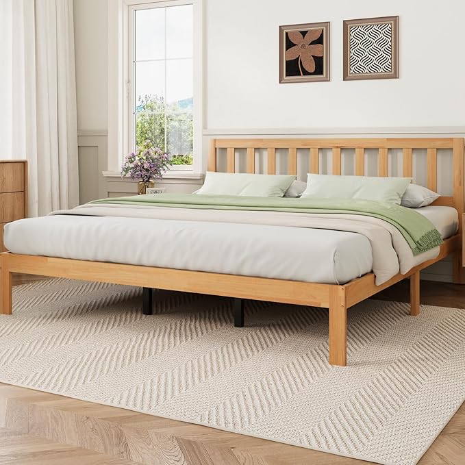 Novilla 12 Inch King Size Bed Frame Solid Wooden King Bed Frame and Headboard, King BedFrames with Classic Headboard, No Box Spring Needed, Easy Assembly, Natural Grain Wood