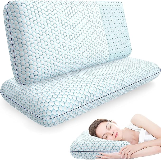 CushyOasis Memory Foam Pillows for Side, Back and Stomach Sleepers, Set of 2, Bed Pillow with Washable Cover and Breathable Mesh, Bed Pillow for Sleeping (Blue，King Size)