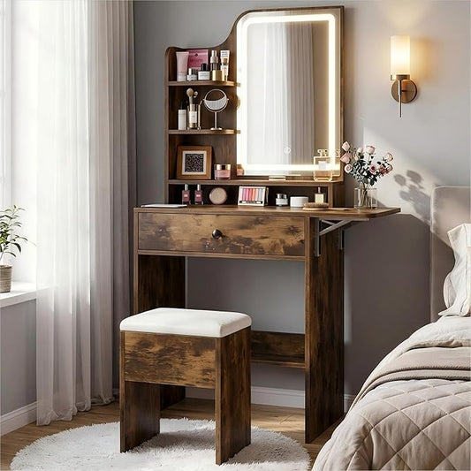 Haewon Small Vanity Desk with Mirror and Lights, Makeup Vanity with Charging Station, Compact Dressing Table Set with Storage Chair, Drawer and Shelves for Bedroom, Vintage Brown