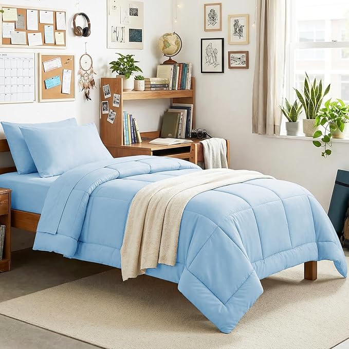 CozyLux Twin XL Comforter Set Baby Blue, 5 Pieces Twin Extra Long Bed in a Bag for College Dorm, All Season Bedding Set with Stitch Quilted Comforter, Flat Sheet, Fitted Sheet, Pillowcases