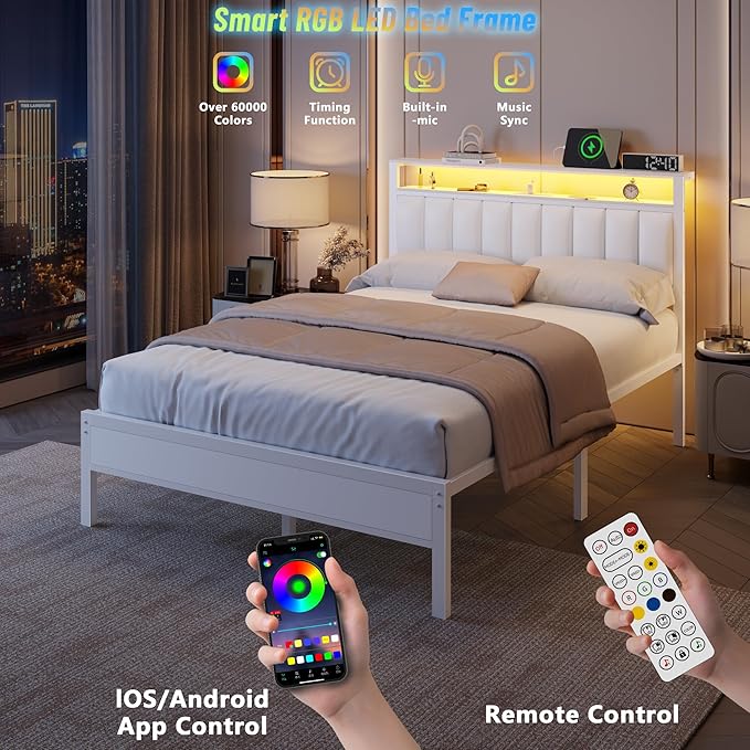 Furnulem White Full Size Bed Frame with Charging Station & Led Lights, PU Leather Upholstered Headboard with 2-Tier Storage Shelves, No Box Spring Needed, Metal Slat Support, Solid and Stable