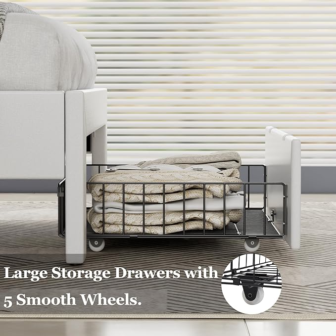 VECELO Twin Size Bed Frame with Storage Drawers, Leather Upholstered with Diamond Tufted Headboard, Solid Wood Slat Support, No Box Spring Needed, PU & White