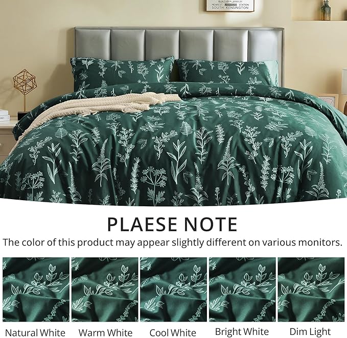 MUXHOMO Duvet Cover Full Size, Reversible Floral Forest Green Duvet Cover Set with Zipper Closure, 3 Pieces Botanical Patterns Soft Microfiber Bedding Set with 4 Ties (80"x90", 2 Pillow Cases)