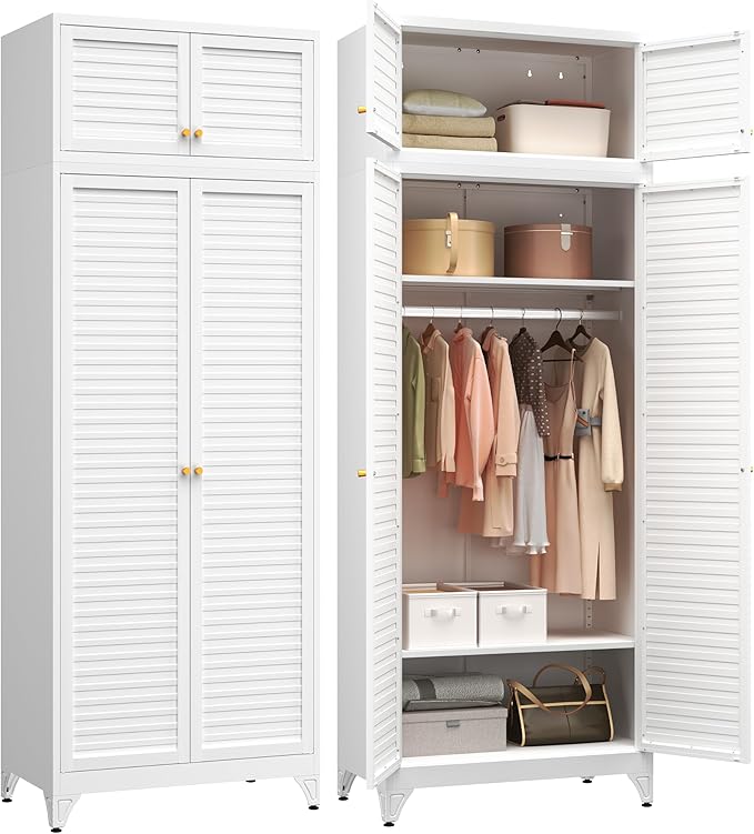 Polup Metal Armoire Wardrobe Closet, 86" Tall Wardrobe Armoire with Hanging Rod, Almirah for Clothes with Doors, 18" D x 32" W x 86" H, White, Assemble Required, Shipped in Two Packages
