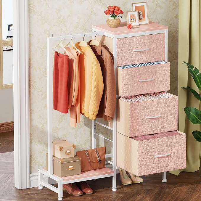 HIGDBFE Dresser with Hanging Rack, 4 Drawers Small Closet for Bedroom, Reversible Fabric Kids Chest of Drawers with Clothes Rack, Tall Storage Tower, Sturdy Frame, Pink, 44''H