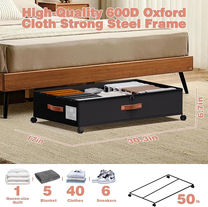 Under Bed Storage 2 Pack 66L, Rolling Containers with Wheels, Heavy Duty Metal Frame, 600D Oxford Fabric, Clear Lid, Adjustable Dividers for Clothes Shoes Blankets, Dorm Space Saving, Black