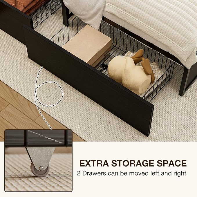 GAZHOME Twin XL Bed Frame with 2 XL Storage Drawers, Metal Platform Bed Frame with Footboard, 9 Strong Metal Slat Support/No Box Spring Needed/Easy Assembly/Space Saving,Black