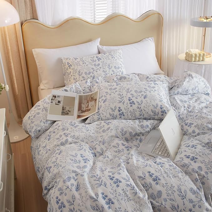 VM VOUGEMARKET 3 Pieces Blue White Duvet Cover Queen Floral Botanical Comforter Cover with Zipper Soft Cotton Cottagecore Bedding Set for Girls Women-90x90 Inch