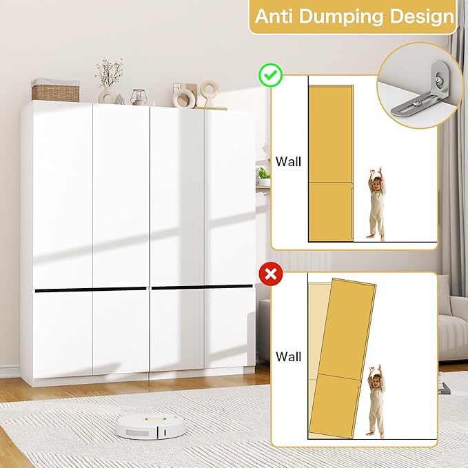 White Armoire Wardrobe Closet: 74" Wooden Wardrobe Closet with 4 Doors, Bedroom Armoires with Hanging Rod, Tall Closets Cabinet for Hanging Clothes (63")