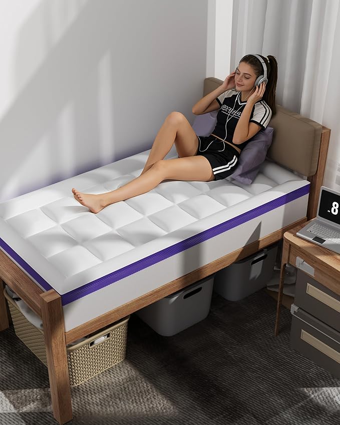 ChiXpace Dual Layer 4 Inch Memory Foam Mattress Topper Twin XL - 2 Inch Gel Memory Foam and 2 Inch Pillow Top Mattress Pad, 7-Zone Egg Crate Twin XL Size Mattress Topper (White)