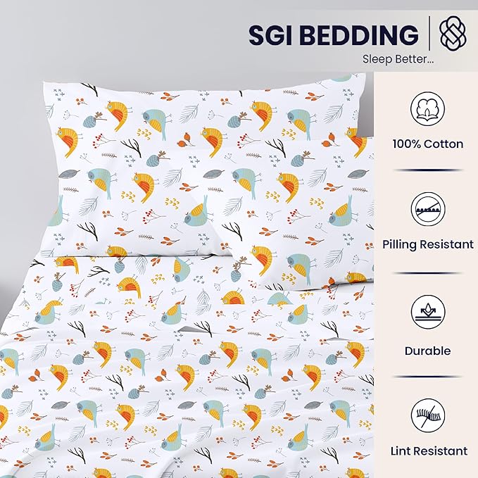 SGI Split King Sheet Set for Adjustable Bed Egyptian Premium Cotton 600 Thread Count Sheets for Sleep Number Bed 15" Deep Pocket 5 Pc Set with 2 Twin XL Fitted Sheets Soft Breathable - Spring Bird