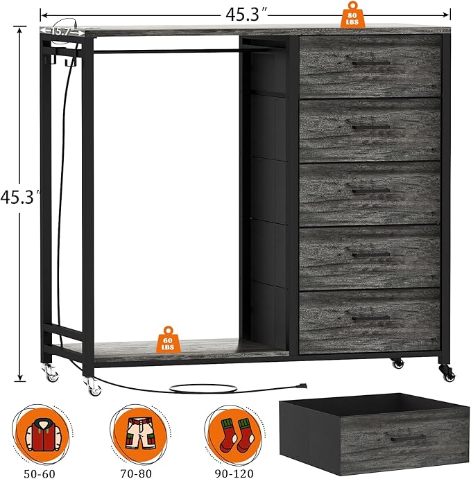 Cyclysio Dresser with Hanging Rack, 5 Fabric Drawers Dresser with Clothes Rack, Wooden Top Storage Chest of Drawers with Charging Station & LED Lights, Lockable Wheels