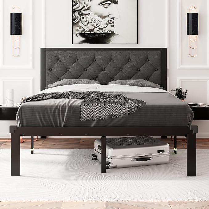 Feonase Full Size Metal Bed Frame, Heavy-Duty Platform Bed Frame with Linen Upholstered Headboard, 12" Storage Space, Steel Slats Support, No Box Spring Needed, Gray