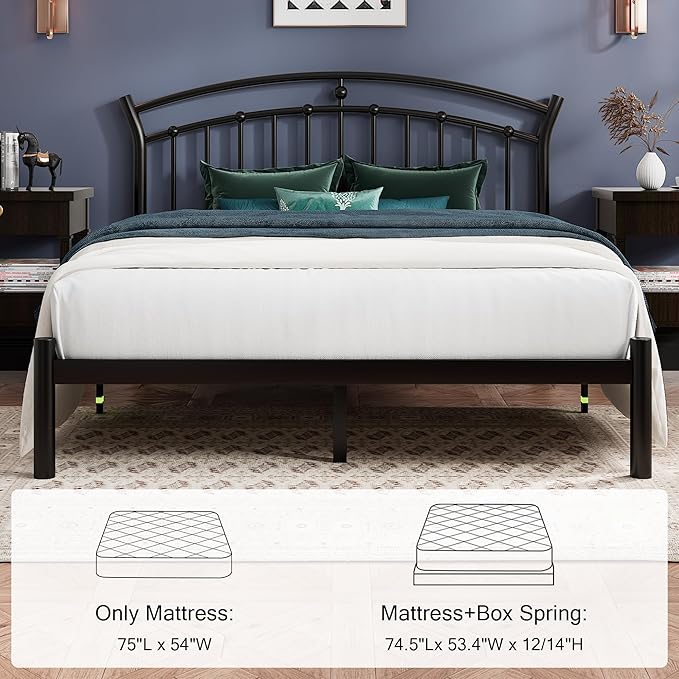 Einhomn Full Size Bed Frame, Classic Black Full Metal Bed Frame with 12' Under-Bed Storage, Heavy Duty Steel Slat Support, No Box Spring Needed, Noise-Free, Easy Assembly