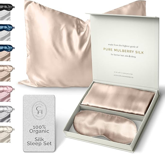 Colorado Home Co Silk Pillowcase for Hair and Skin - Nude Champagne Queen Size 100% Silk Pillow Covers - 20x30 - Pillow Case for Acne with Eye Mask for Sleeping
