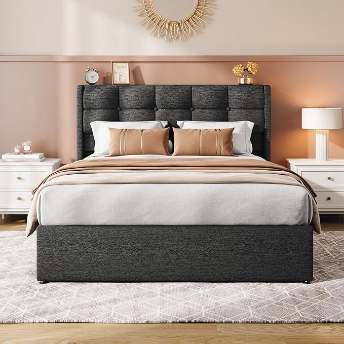 Lift Up Full Size Bed Frame with Storage, Upholstered Full Bed Frame with Wingback Headboard, No Box Spring Needed, Easy Assembly - Dark Grey