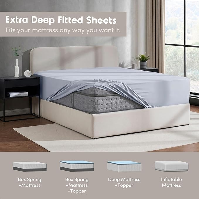 Nestl 2 Pack Ice Blue Fitted Sheet Extra Deep Pocket, Hotel Luxury Twin XLFitted Sheet Only Easily Fits 18 to 24 Inch Mattress, Super Soft, Wrinkle-Free and Breathable with Corner Straps