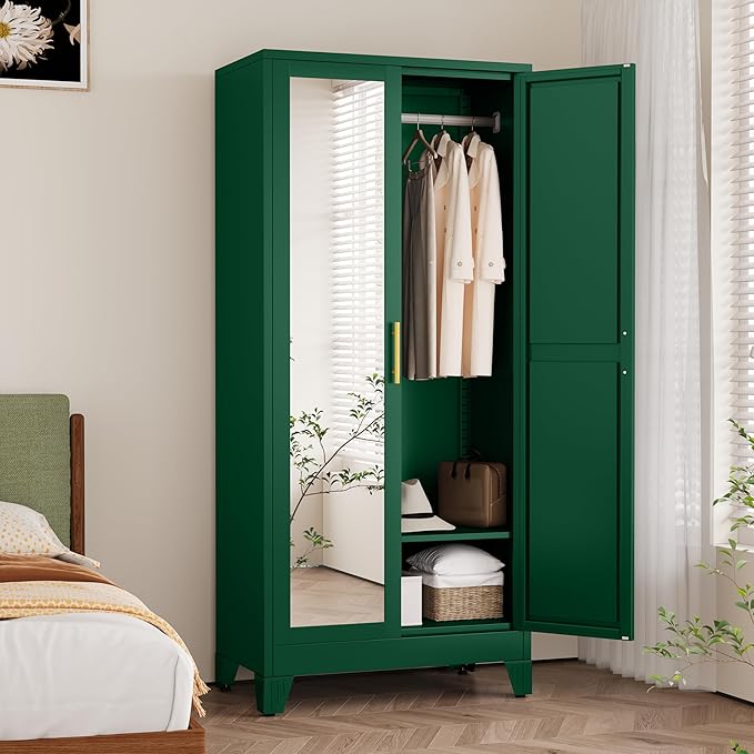winiowa Metal Armoire Wardrobe Closet with 2 Mirror Doors, 71" Wardrobe Cabinet with Adjustable Shelves and Hanging Rod, Clothing Storage Cabinet Closet with Mirror for Bedroom-Green