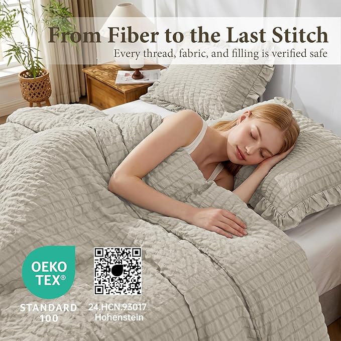 JOLLYVOGUE Full Size Comforter, 3 Pieces Oatmeal Seersucker Lightweight Full Size Bedding, All Season Fluffy Microfiber Bedding Comforter Set with 1 Ruffle Comforter and 2 Ruffle Pillowshams