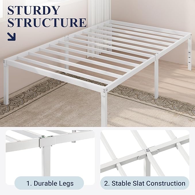Allewie Twin Bed Frame, 18 Inch Metal Platform Beds with Storage Space, No Box Spring Needed and Easy Assembly, White