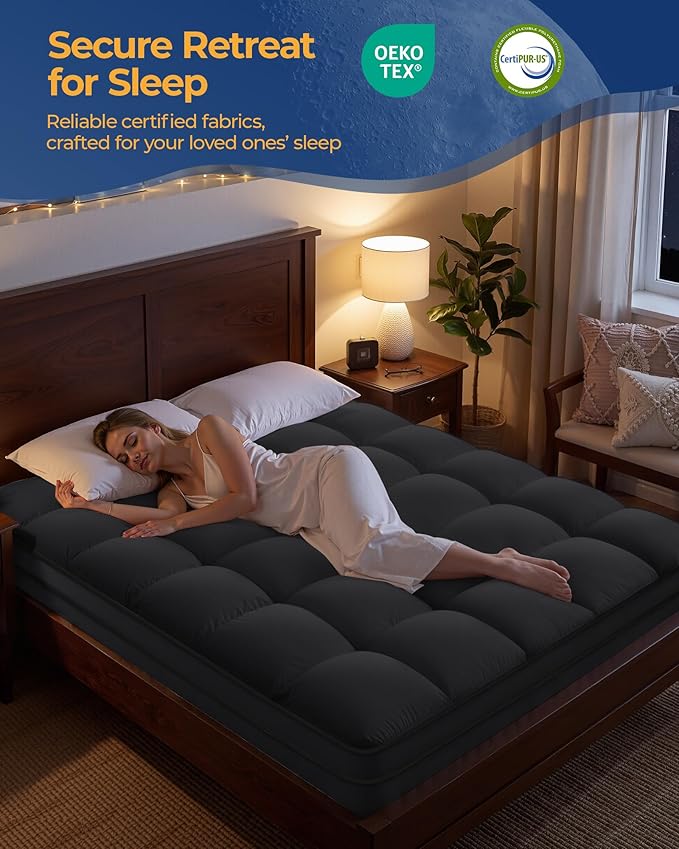 KAYFIA Twin Mattress Topper,Extra Thick Mattress Pad Cover for Deep Sleep,3D+7D Snow Down Alternative Fill Overfilled Plush Pillow Top with 8-23 Inch Deep Pocket-Black