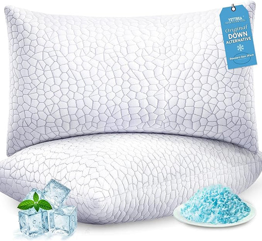 Yettbea Adjustable Shredded Memory Foam Pillows Standard Size Set of 2, Luxury Bamboo Cooling Pillow w/Washable Zippered Cover, Soft or Firm Support Bed Pillow for Side, Back, Stomach Sleeper